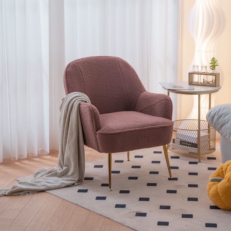 Modern Soft Teddy fabric Red Ergonomics Accent Chair Living Room Chair Bedroom Chair Home Chair With Gold Legs And Adjustable Legs For Indoor Home