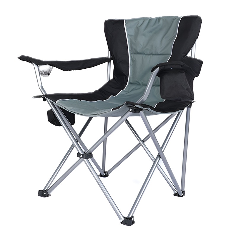Oversized Camping Folding Chair with Cup Holder, Side Cooler Bag, Heavy Duty Steel Frame Fully P Added Quad Armchair for Outdoors, 1-Pack, Grey