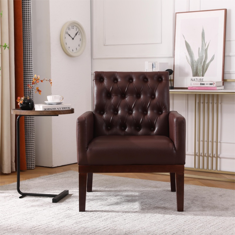 PU Leather Accent Chair, Upholstered Lounge Sofa Armchair, Comfortable Armchair with Wooden Legs in Log Color, Modern Button Reading Chair for Bedroom Living Room, Dark Brown
