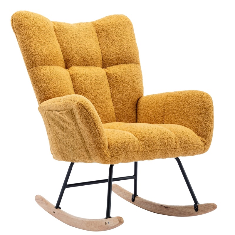 Rocking Chair with Pocket, Soft Teddy Fabric Rocking Chair for Nursery, Comfy Wingback Glider Rocker with Safe Solid Wood Base for Living Room Bedroom Balcony (Turmeric)