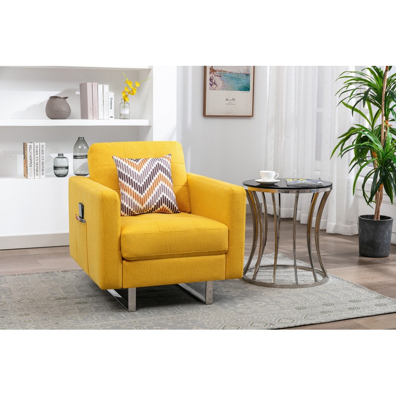 Victoria Yellow Linen Fabric Armchair with Metal Legs, Side Pockets, and Pillow