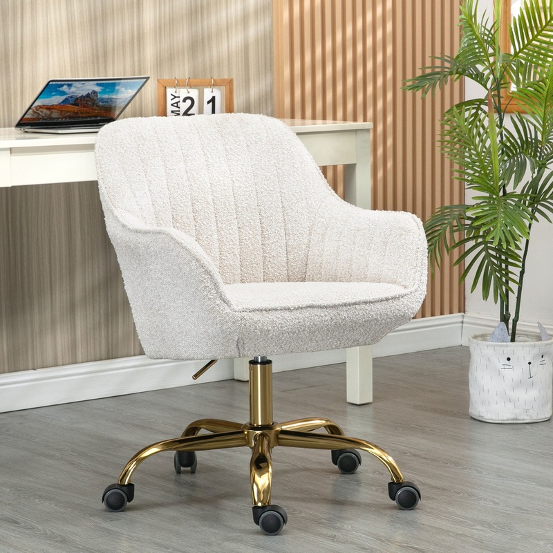 360 Beige Boucle Fabric Swivel Chair With High Back, Adjustable Working Chair With Golden Color Base