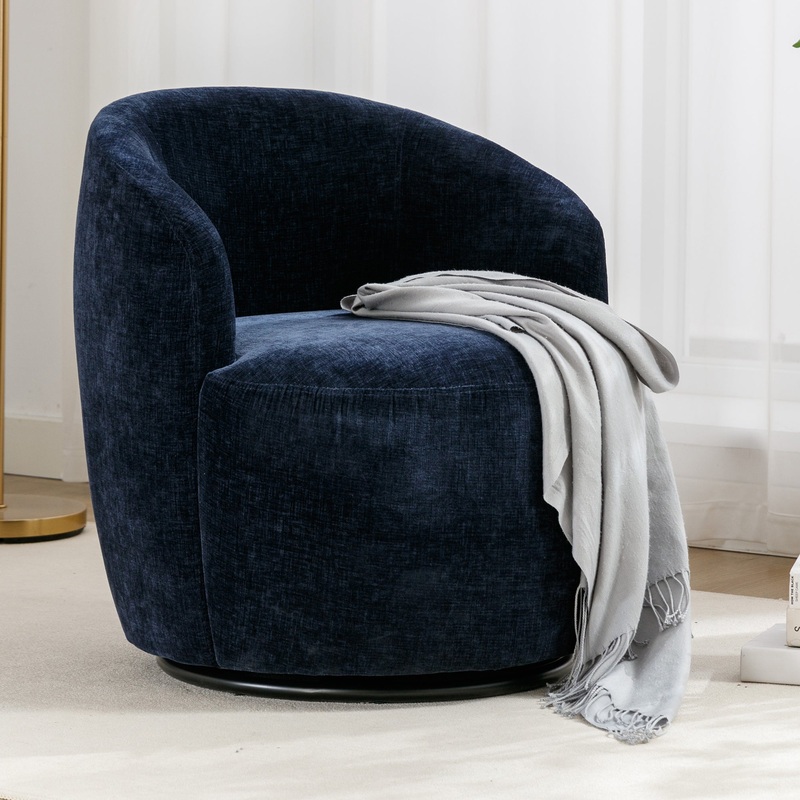 Chenille Fabric Swivel Accent Armchair Barrel Chair With Black Powder Coating Metal Ring,Blue