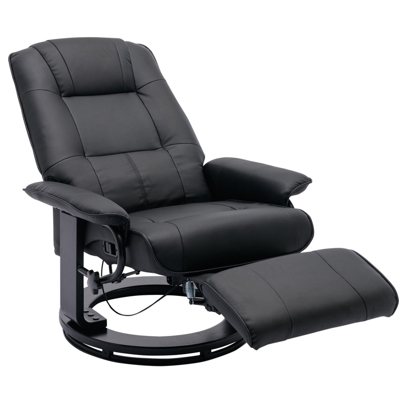 Faux Leather Manual Recliner, Adjustable Swivel Lounge Chair with Footrest, Can Rotate 360 Degrees, L-right Angle Curved Wooden Frame, Armrest and Wrapped Wood Base for Living Room, Black