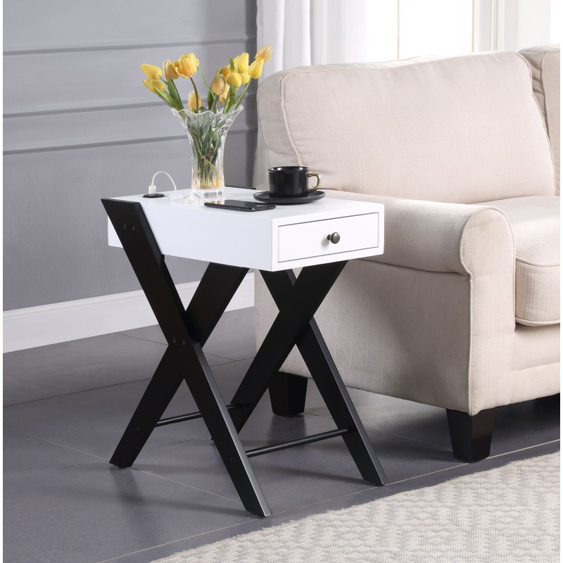 Fierce Side Table (USB Charging Dock), White & Black