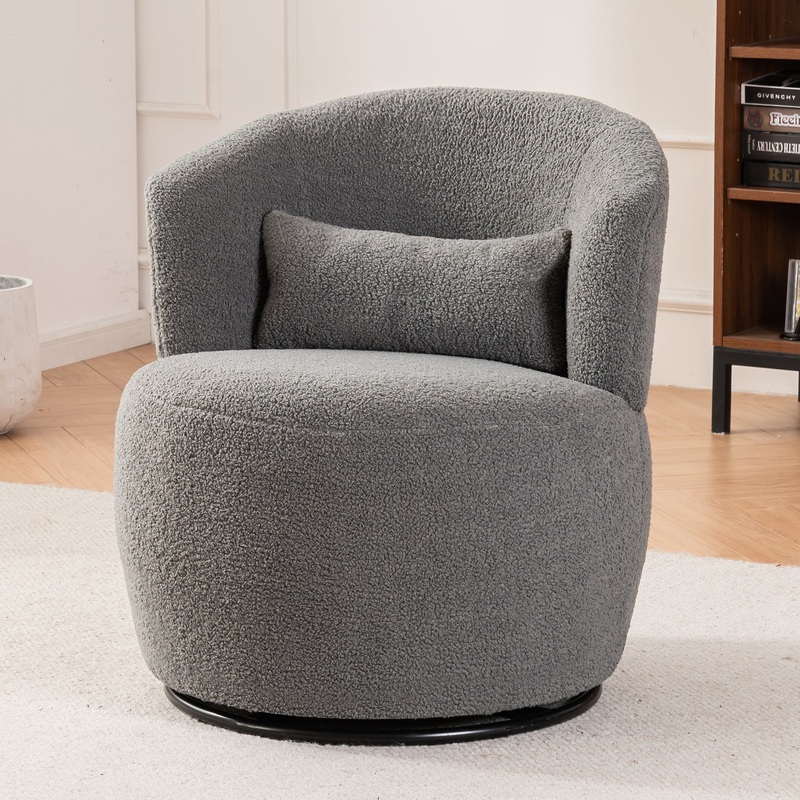 Grey Plush Swivel Accent Chair - Contemporary Round Armchair with 360 Rotation and Metal Base for Living Room Elegance