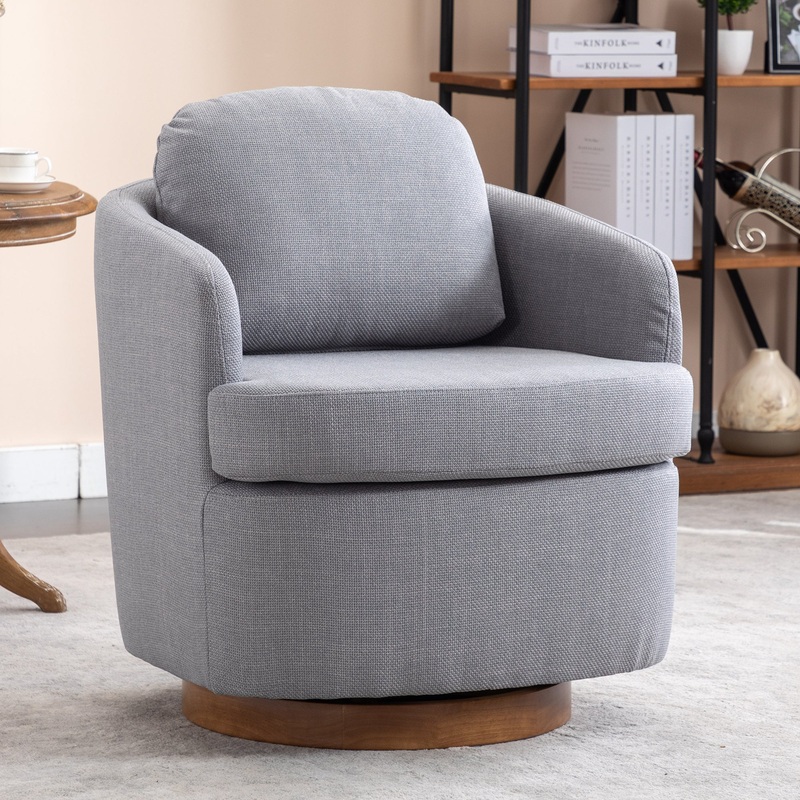 Linen Fabric Swivel Accent Chair With Soild Wood Round Brown Base Leg,Light Blue