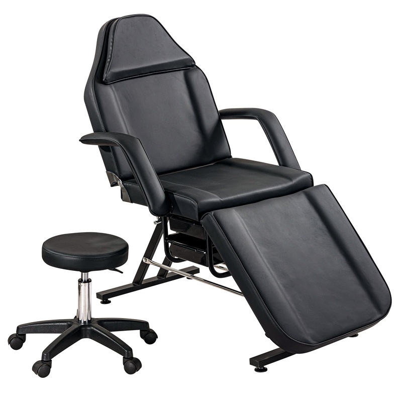 Massage Salon Tattoo Chair with Two Trays Esthetician Bed with Hydraulic Stool,Multi-Purpose 3-Section Facial Bed Table, Adjustable Beauty Barber Spa Beauty Equipment, Black