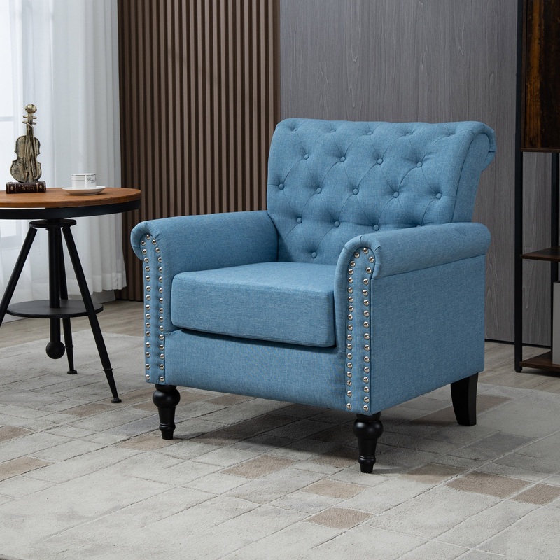 Mid-Century Modern Accent Chair, Linen Armchair w/Tufted Back/Wood Legs, Upholstered Lounge Arm Chair Single Sofa for Living Room Bedroom, Beige