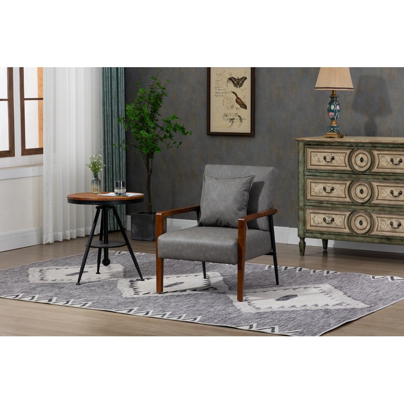 Mid-Century Modern Accent Chair, Upholstered Leather Armchair with Solid Wood Armrest & Removable Cushions, Comfy Retro Leisure Chair Reading Chair for Living Room, Bedroom, Brown