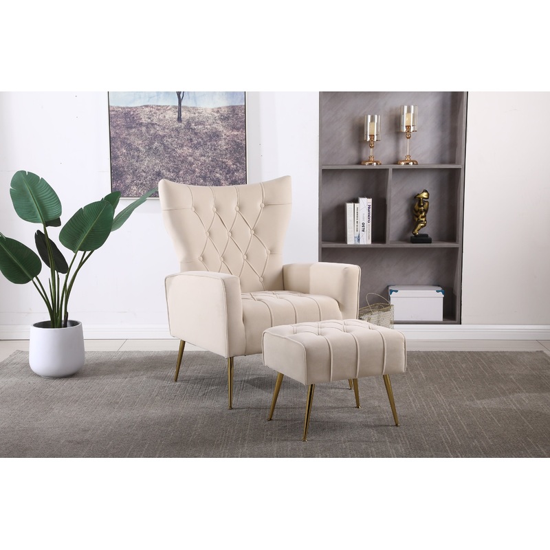 Modern Accent Chair with Ottoman, Comfy Armchair for Living Room, Bedroom, Apartment, Office (Beige)