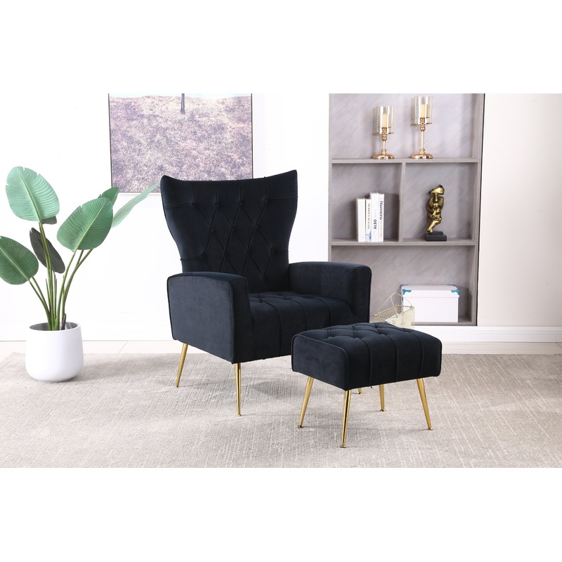 Modern Accent Chair with Ottoman, Comfy Armchair for Living Room, Bedroom, Apartment, Office (Black)