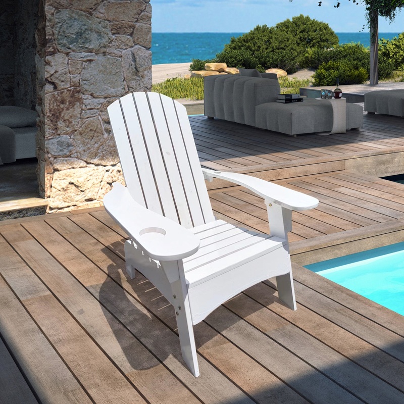 Outdoor or indoor Wood Adirondack chair with an hole to hold umbrella on the arm, white