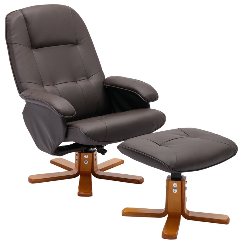 Recliner Chair with Ottoman, Swivel Recliner Chair with Wood Base for Livingroom, Bedroom, Faux Leather Beige, Grey