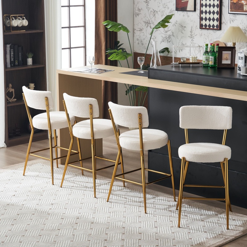 Set of 2 modern teddy fabric upholstered bar stools - Metal base high stool - Suitable for kitchen, dining and living room - Beige - Stylish and comfortable island seating