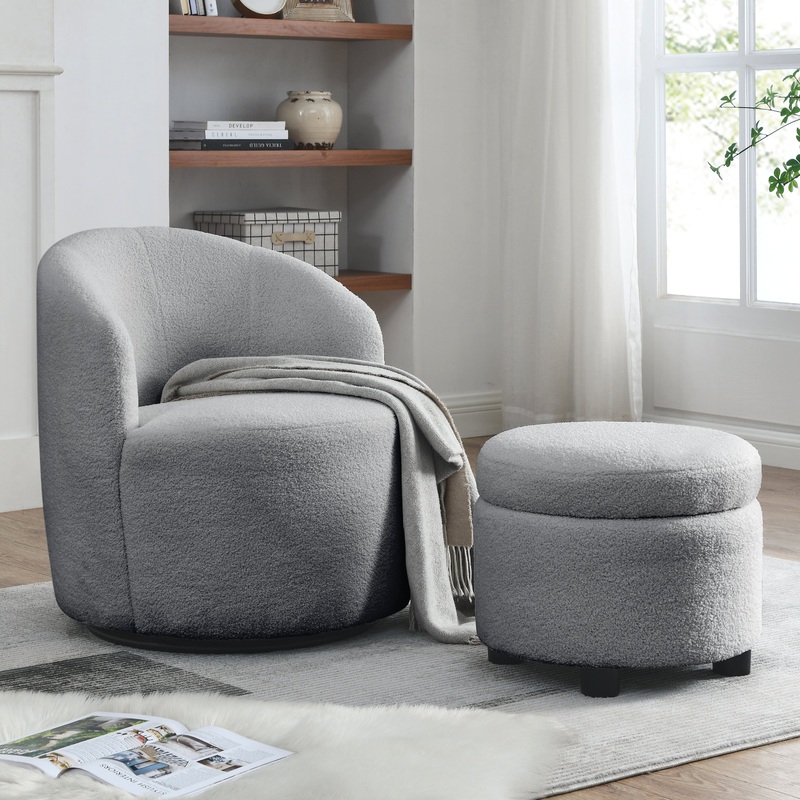Swivel barrel chair, living room swivel chair with round storage chair, 360 swivel club chair, nursery, bedroom, office, hotel with upholstered modern armchair, teddy fabric