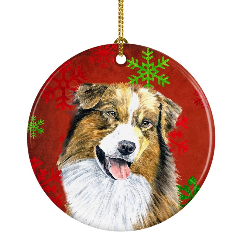 Australian Shepherd Red Snowflakes Holiday Christmas Ornament - Round Ceramic Ornament  Artist-Designed Keepsake Decoration SC9437