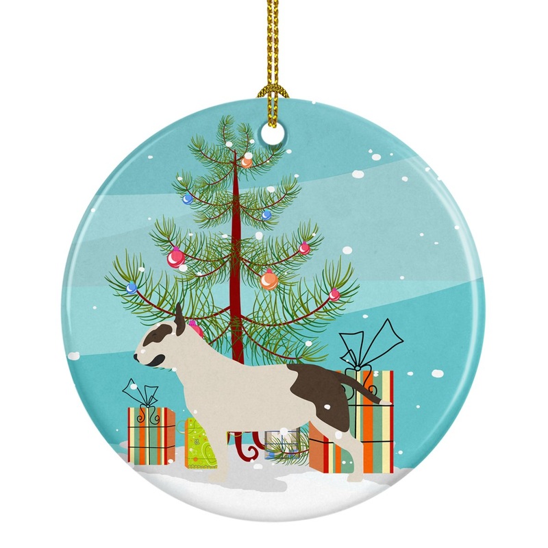 Bull Terrier Merry Christmas Tree Ornament - Round Ceramic Ornament  Artist-Designed Keepsake Decoration BB2996CO1