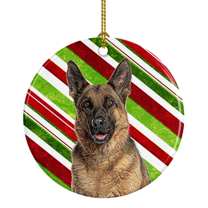 Candy Cane Holiday Christmas German Shepherd Ornament - Round Ceramic Ornament  Artist-Designed Keepsake Decoration KJ1173CO1