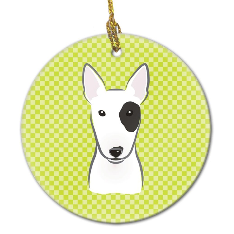 Checkerboard Lime Green Bull Terrier Ceramic Ornament BB1271CO1