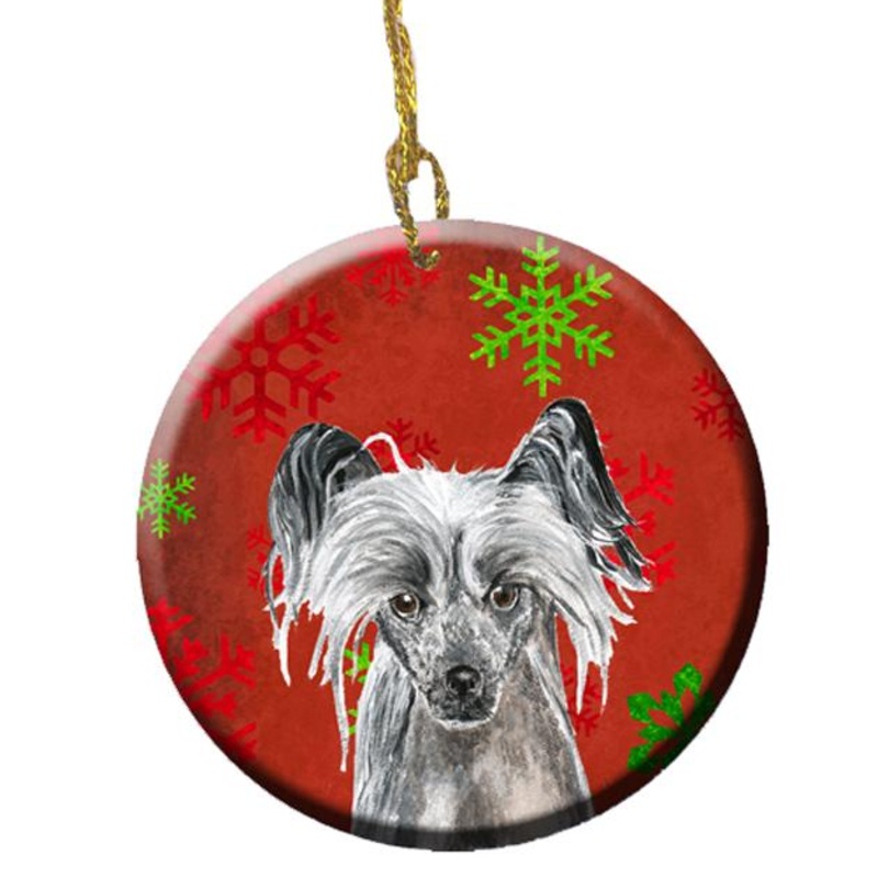 Chinese Crested Red Snowflakes Holiday Ornament - Round Ceramic Ornament  Artist-Designed Keepsake Decoration SC9592CO1