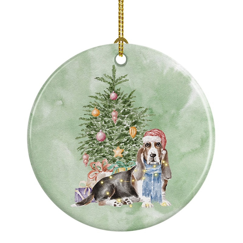 Christmas Basset Hound  Ornament - Round Ceramic Ornament  Artist-Designed Keepsake Decoration