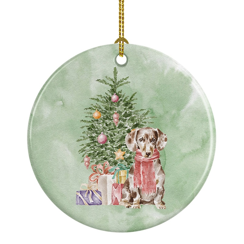 Christmas Dachshund Chocolate Piebald Dapple  Ornament - Round Ceramic Ornament  Artist-Designed Keepsake Decoration