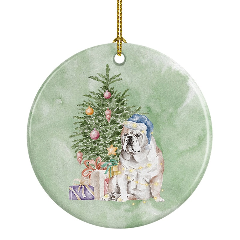 Christmas English Bulldog Ornament - Round Ceramic Ornament  Artist-Designed Keepsake Decoration