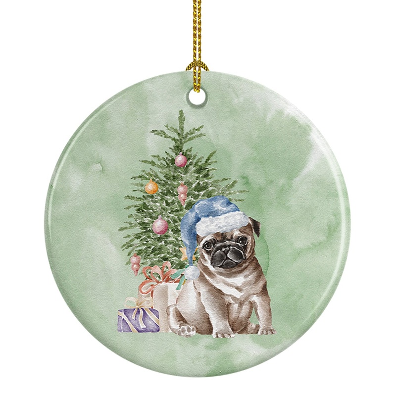 Christmas Fawn Pug Puppy Ornament - Round Ceramic Ornament  Artist-Designed Keepsake Decoration