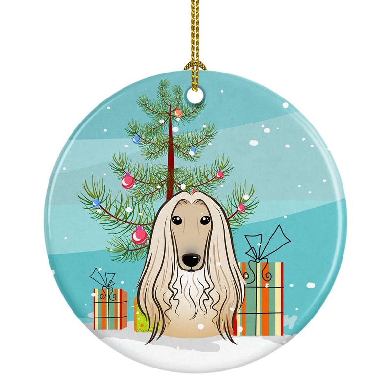 Christmas Tree and Afghan Hound Ornament - Round Ceramic Ornament  Artist-Designed Keepsake Decoration BB1616CO1
