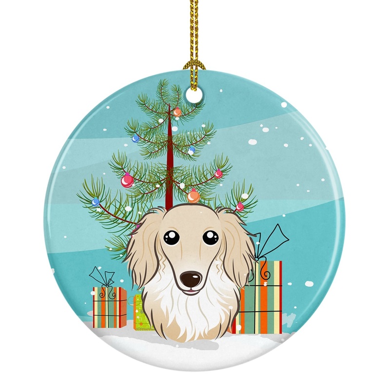 Christmas Tree and Longhair Creme Dachshund Ornament - Round Ceramic Ornament  Artist-Designed Keepsake Decoration BB1584CO1
