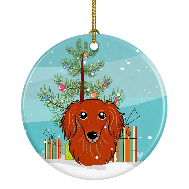 Christmas Tree and Longhair Red Dachshund Ornament - Round Ceramic Ornament  Artist-Designed Keepsake Decoration BB1586CO1