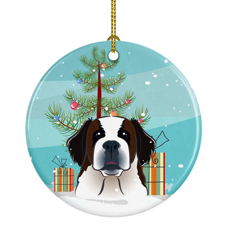 Christmas Tree and Saint Bernard Ornament - Round Ceramic Ornament  Artist-Designed Keepsake Decoration BB1618CO1