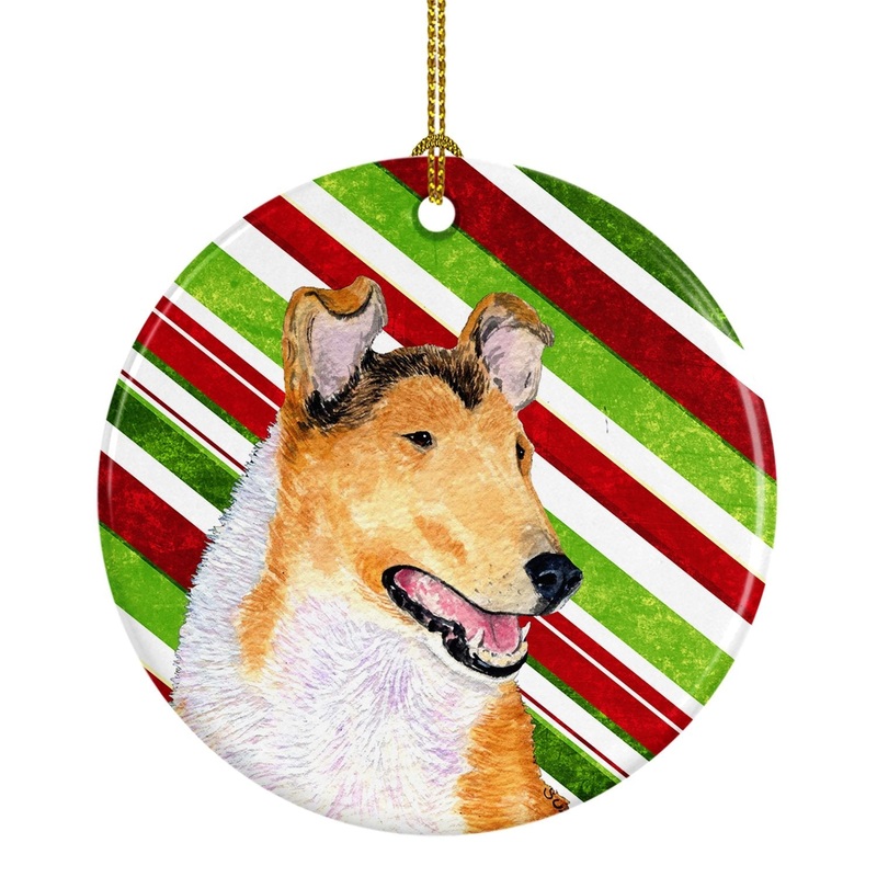 Collie Smooth Candy Cane Holiday Christmas Ornament - Round Ceramic Ornament  Artist-Designed Keepsake Decoration SS4539