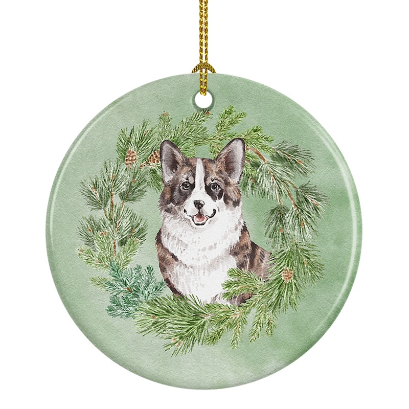 Corgi Brindle Christmas Wreath Ceramic Ornament
