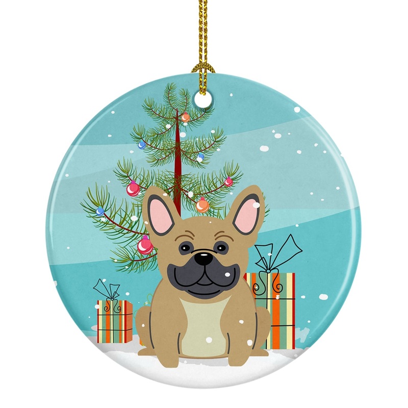 Merry Christmas Tree French Bulldog Cream Ornament - Round Ceramic Ornament  Artist-Designed Keepsake Decoration BB4135CO1