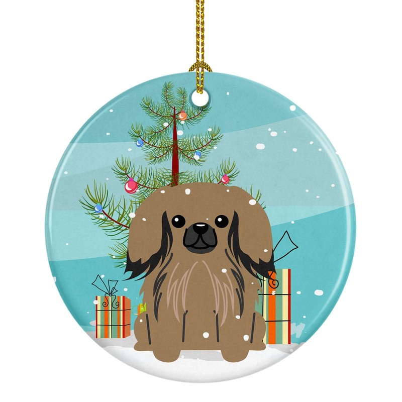 Merry Christmas Tree Pekingnese Tan Ornament - Round Ceramic Ornament  Artist-Designed Keepsake Decoration BB4227CO1