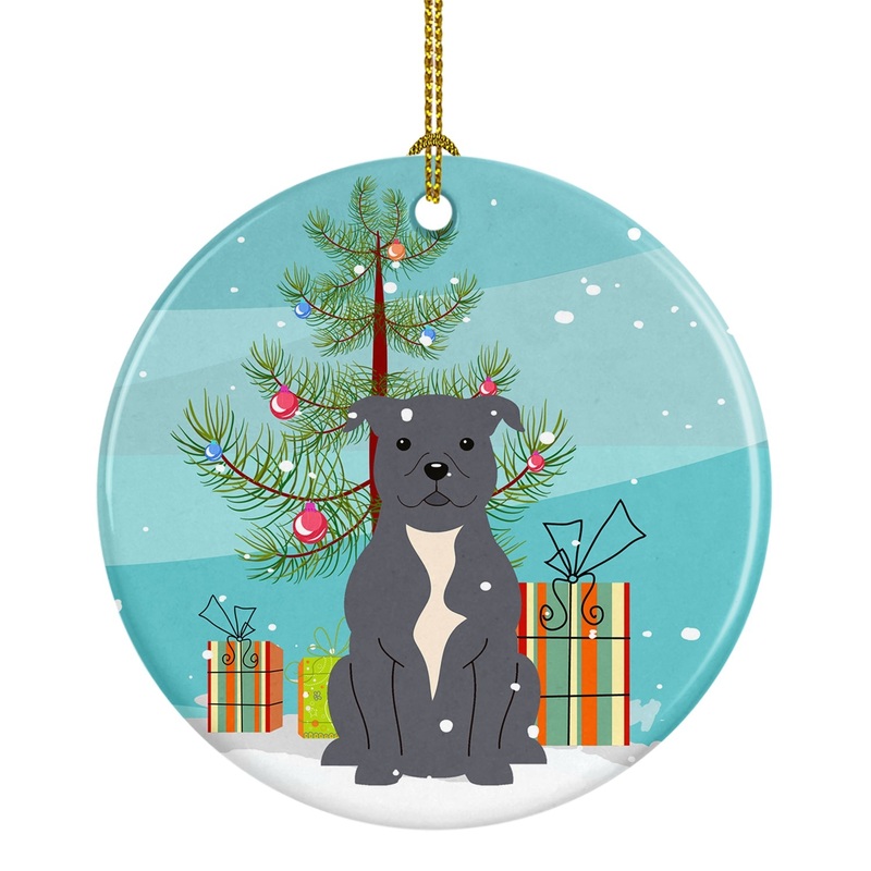 Merry Christmas Tree Staffordshire Bull Terrier Blue Ornament - Round Ceramic Ornament  Artist-Designed Keepsake Decoration BB4171CO1