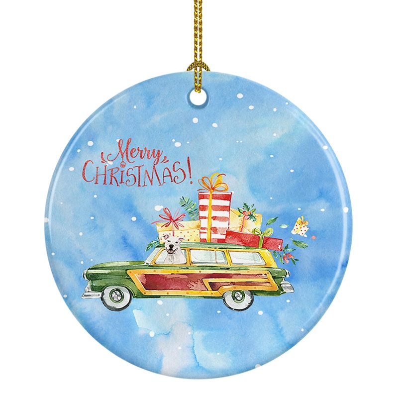 Merry Christmas White Staffordshire Bull Terrier Ornament - Round Ceramic Ornament  Artist-Designed Keepsake Decoration