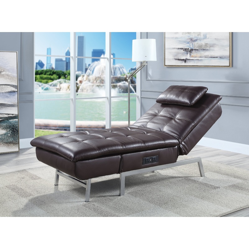 Padilla Chaise Lounge w/Pillow & USB Port in Brown Fabric