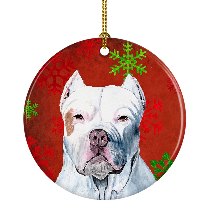 Pit Bull Red Snowflakes Holiday Christmas Ornament - Round Ceramic Ornament  Artist-Designed Keepsake Decoration SC9421