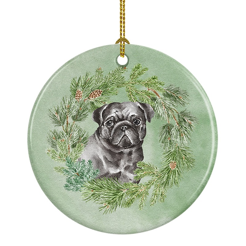 Pug Black Christmas Wreath Ceramic Ornament