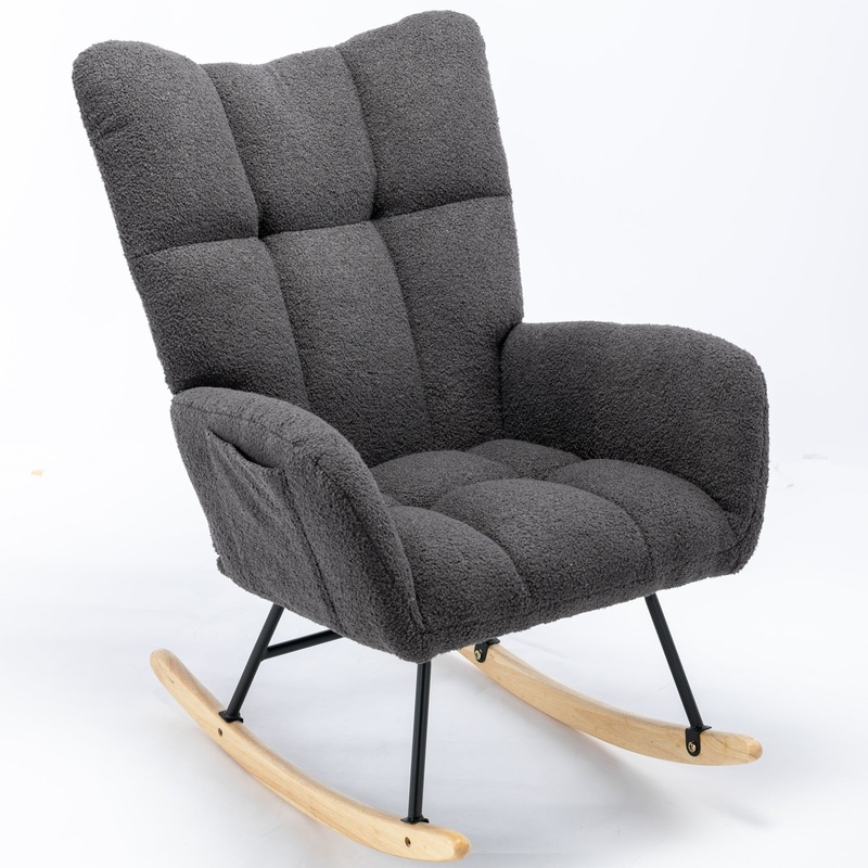 [Same as W1372115143] Rocking Chair with Pocket, Soft Teddy Fabric Rocking Chair for Nursery, Comfy Wingback Glider Rocker with Safe Solid Wood Base for Living Room Bedroom Balcony (grey)