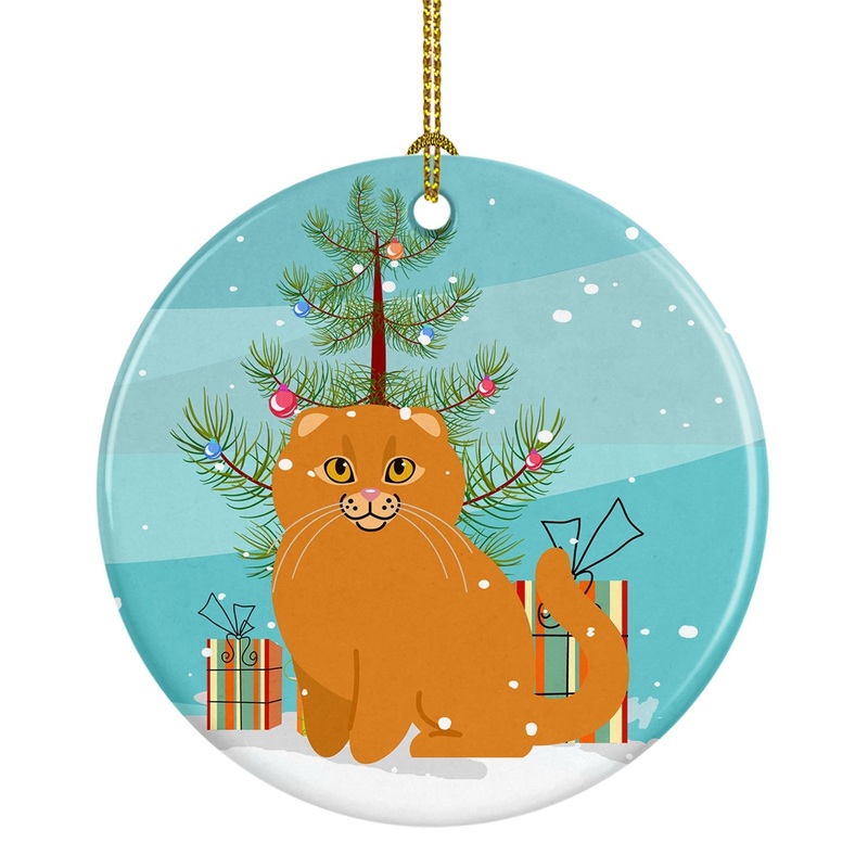 Scottish Fold Cat Merry Christmas Tree Ornament - Round Ceramic Ornament  Artist-Designed Keepsake Decoration BB4428CO1