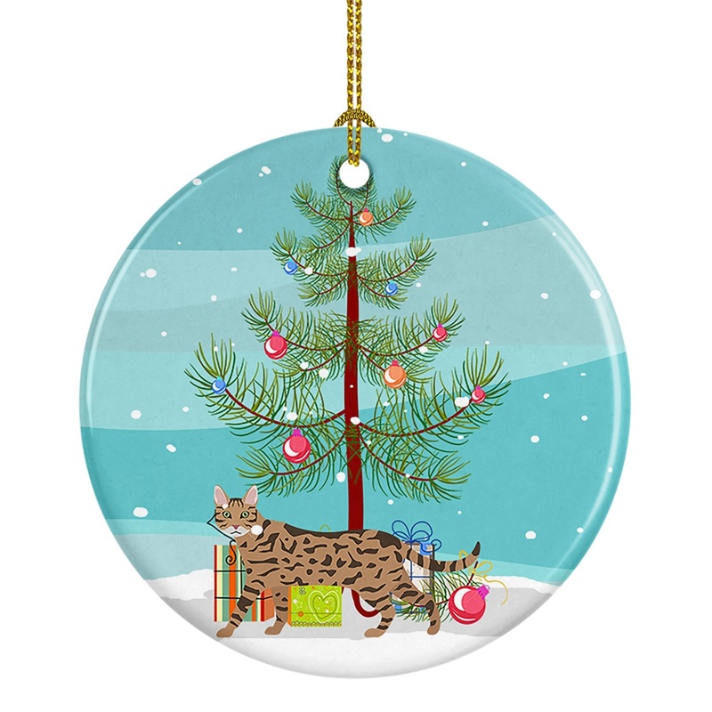 Serengeti Cat Merry Christmas Ornament - Round Ceramic Ornament  Artist-Designed Keepsake Decoration
