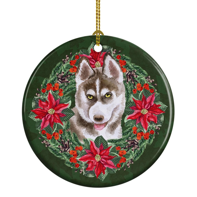 Siberian Husky Grey Poinsetta Wreath Ornament - Round Ceramic Ornament  Artist-Designed Keepsake Decoration