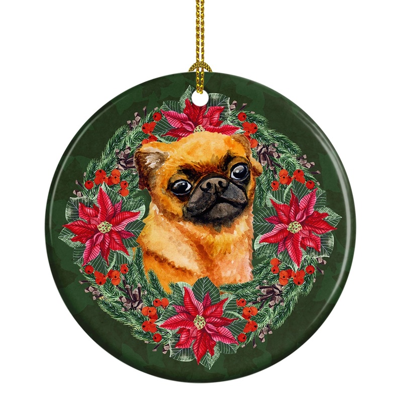 Small Brabant Griffon Poinsetta Wreath Ornament - Round Ceramic Ornament  Artist-Designed Keepsake Decoration