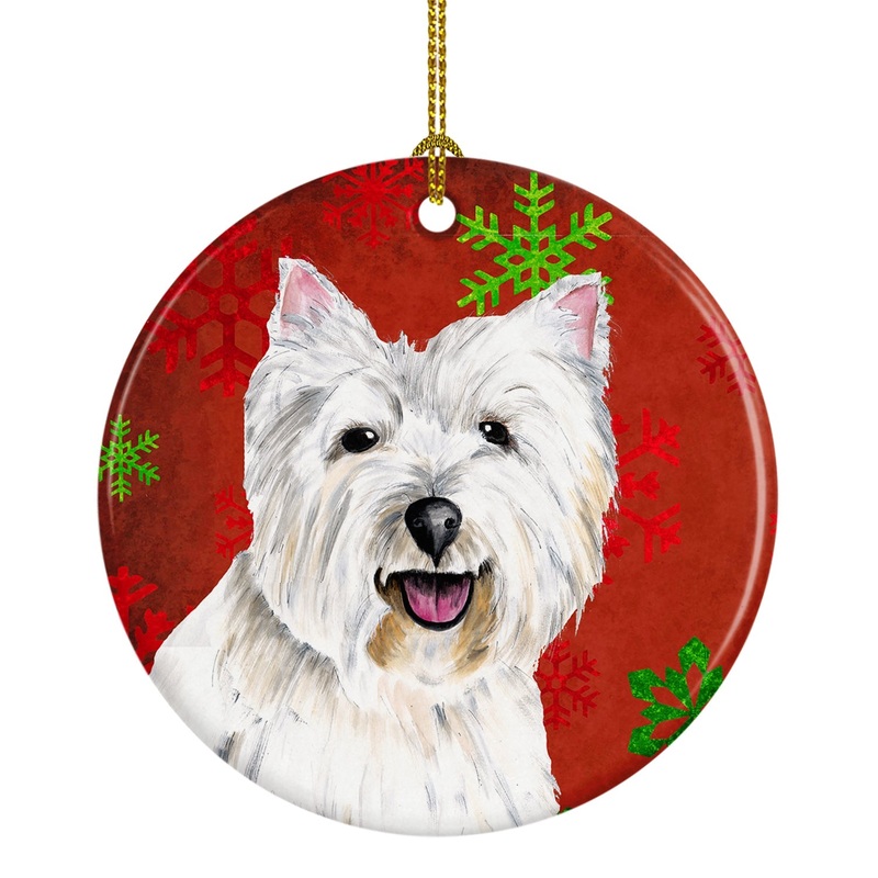 Westie Red Snowflakes Holiday Christmas Ornament - Round Ceramic Ornament  Artist-Designed Keepsake Decoration SC9410