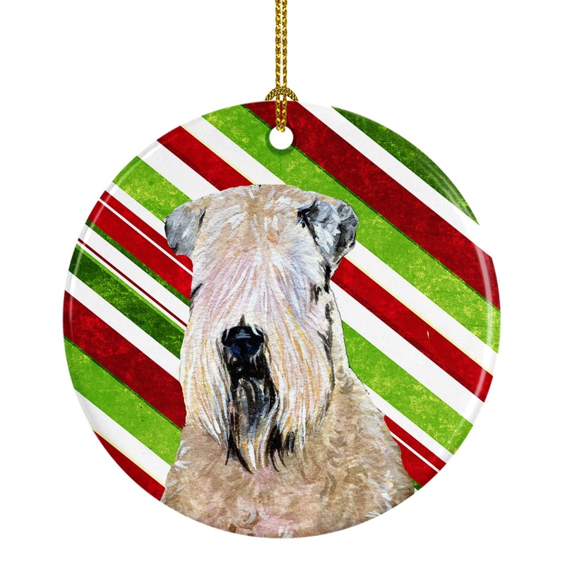 Wheaten Terrier Soft Coated Candy Cane Holiday Christmas Ornament - Round Ceramic Ornament  Artist-Designed Keepsake Decoration