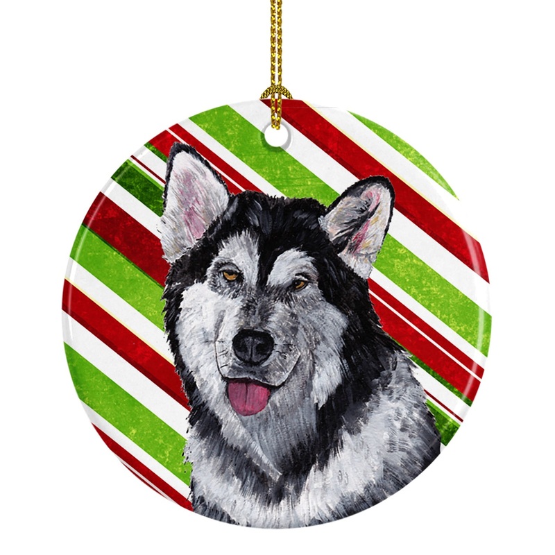 Alaskan Malamute Candy Cane Holiday Christmas Ornament - Round Ceramic Ornament  Artist-Designed Keepsake Decoration SC9490CO1